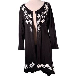 Natural Impressions Women's Size XL Black Embroidered Open Front Cotton Cardigan